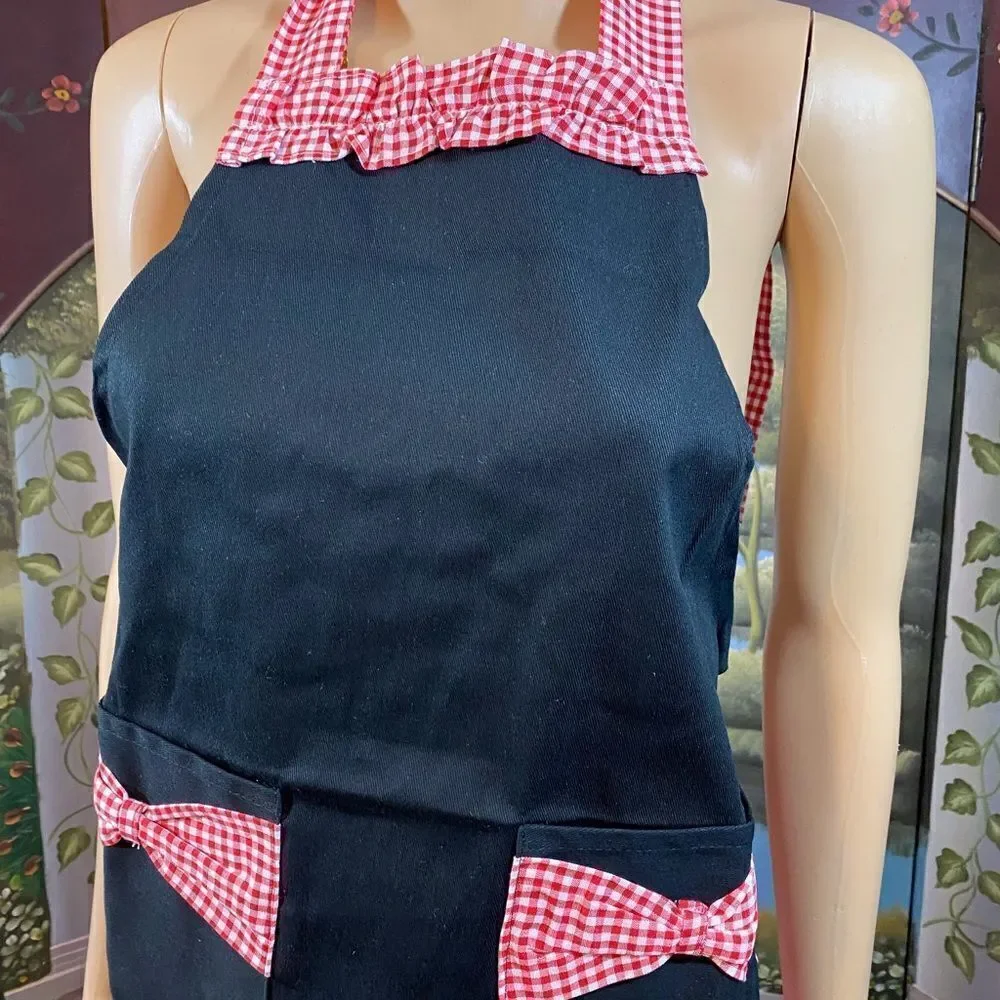 Gorgeous apron Black with Red & White Check Bows & Ruffles